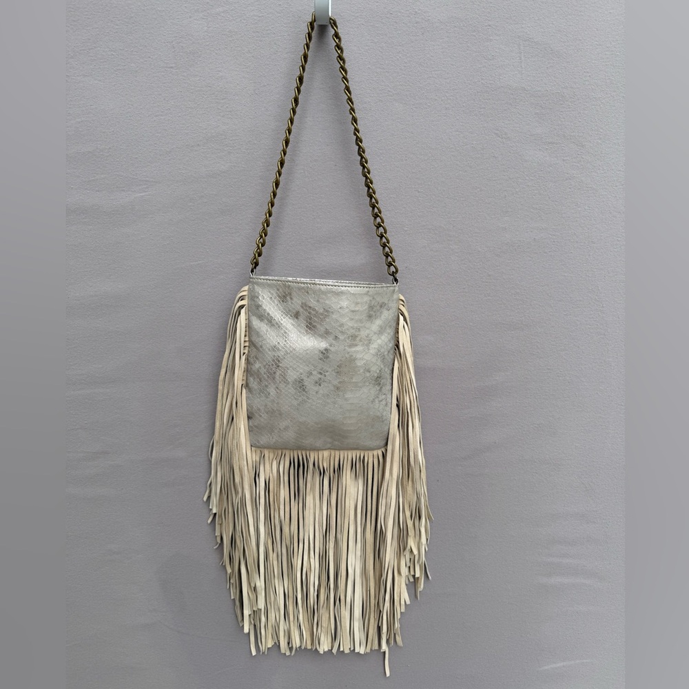 Flora Bella Hobo Style Snake Leather Fringe W/Metallic Chain